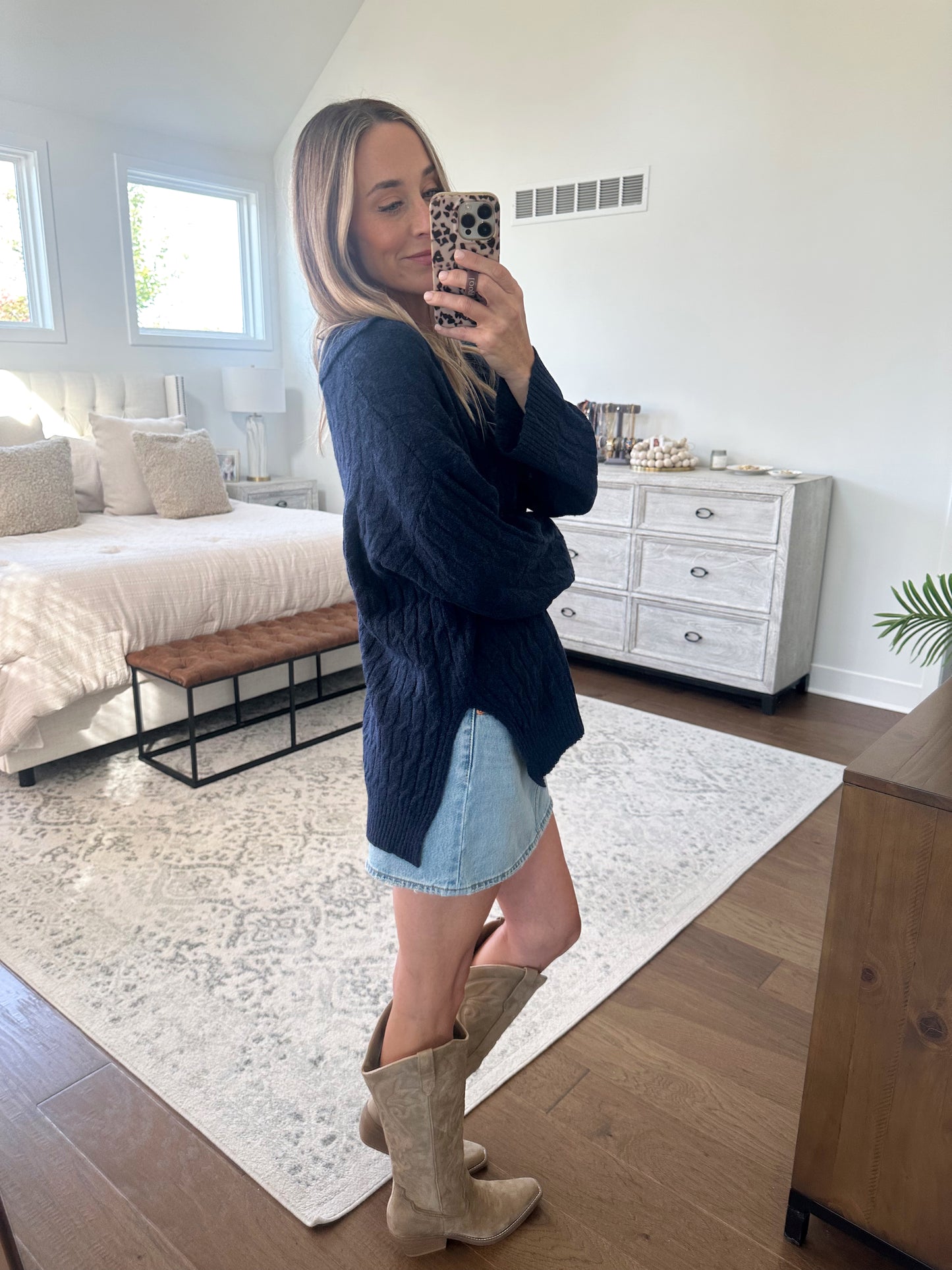 Cable Knit V Neck Sweater- Navy
