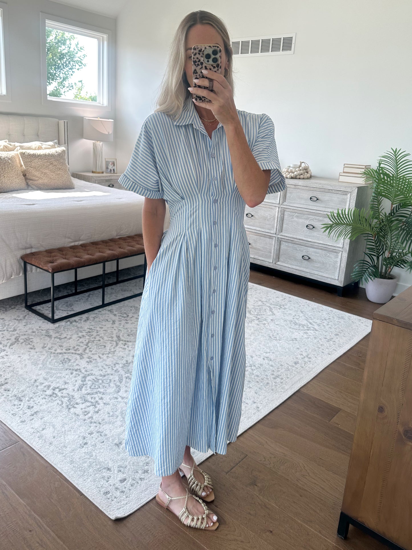 Seersucker Tie Waist Dress- Blue