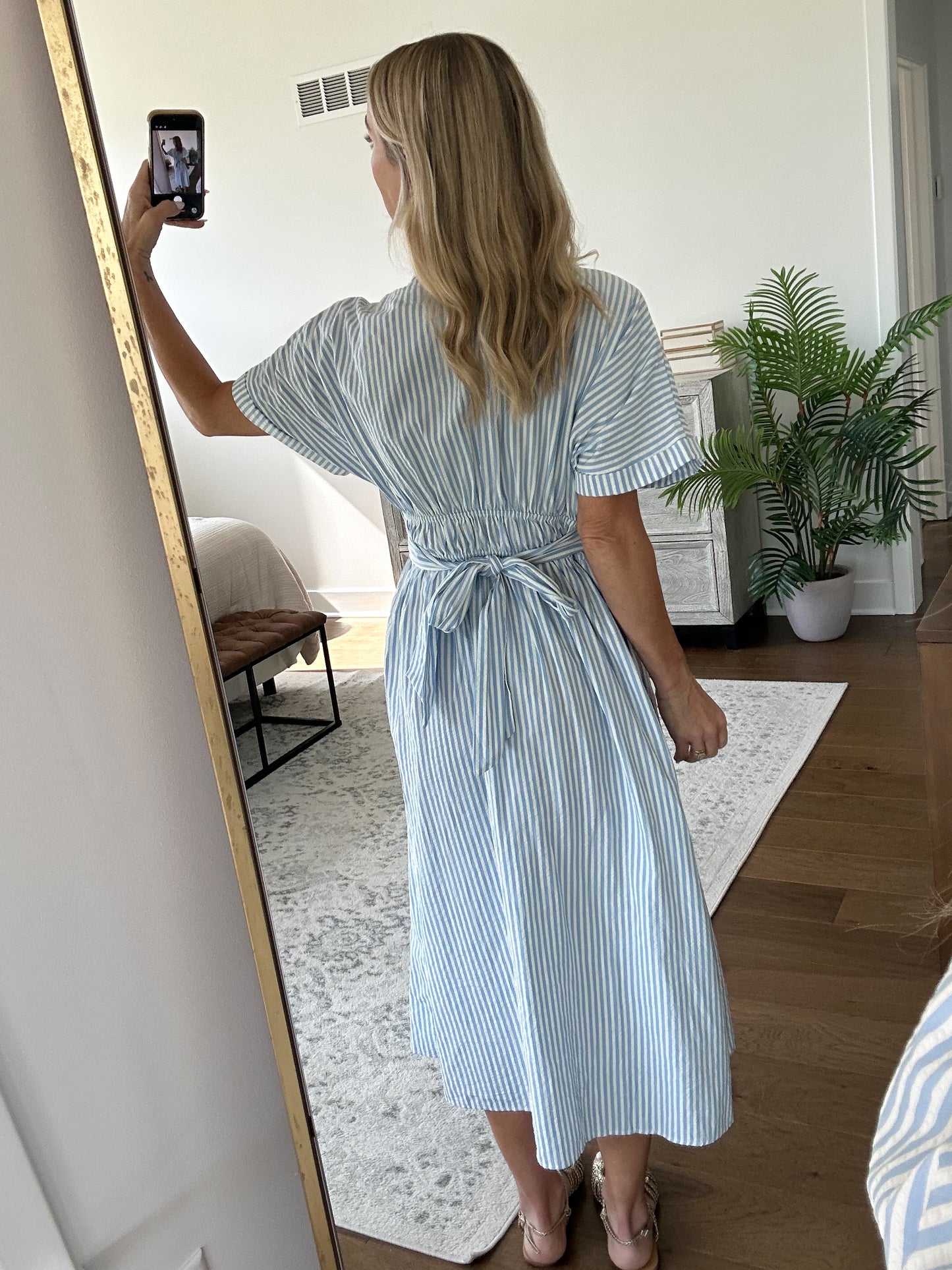 Seersucker Tie Waist Dress- Blue
