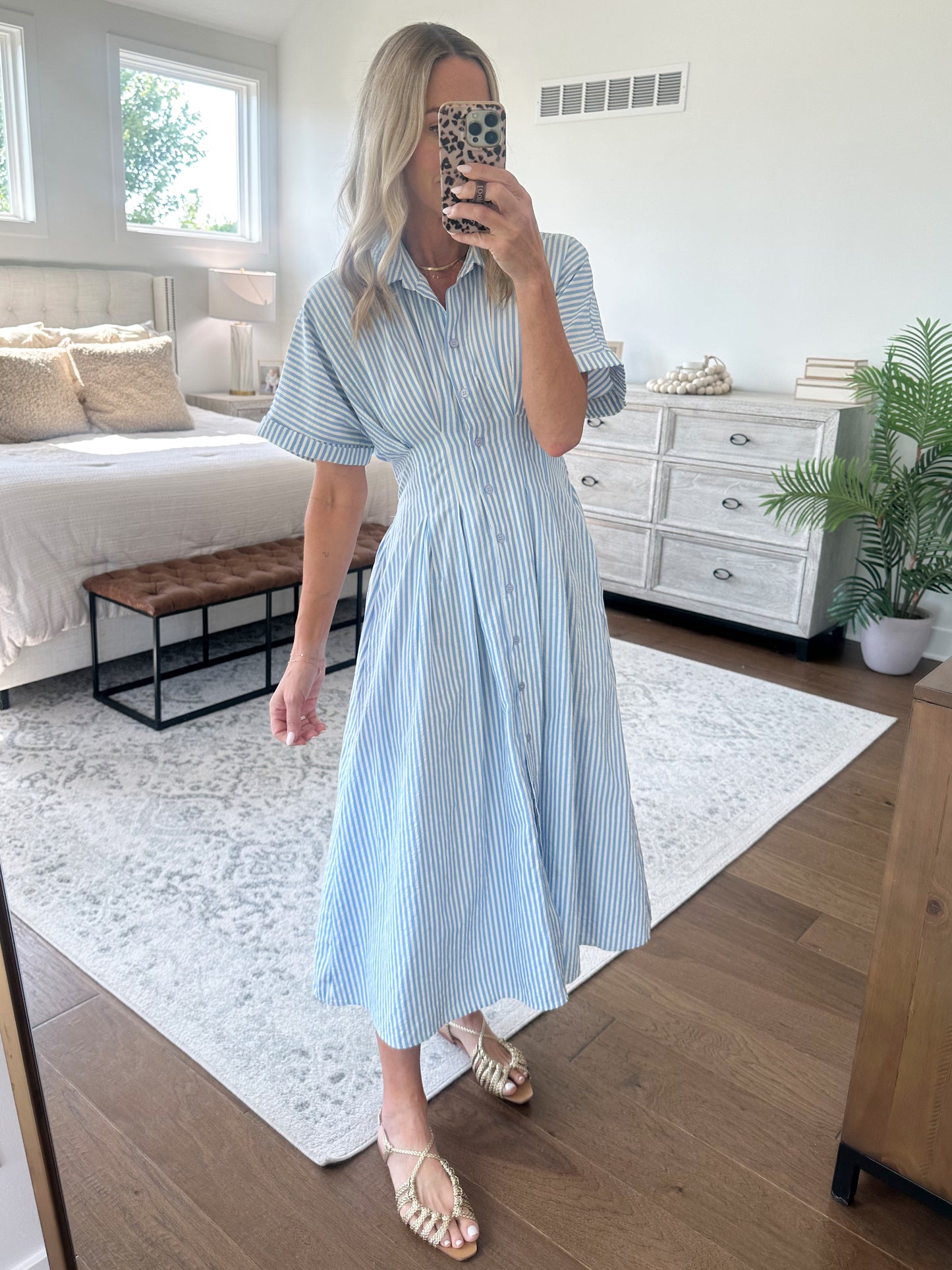 Seersucker Tie Waist Dress- Blue
