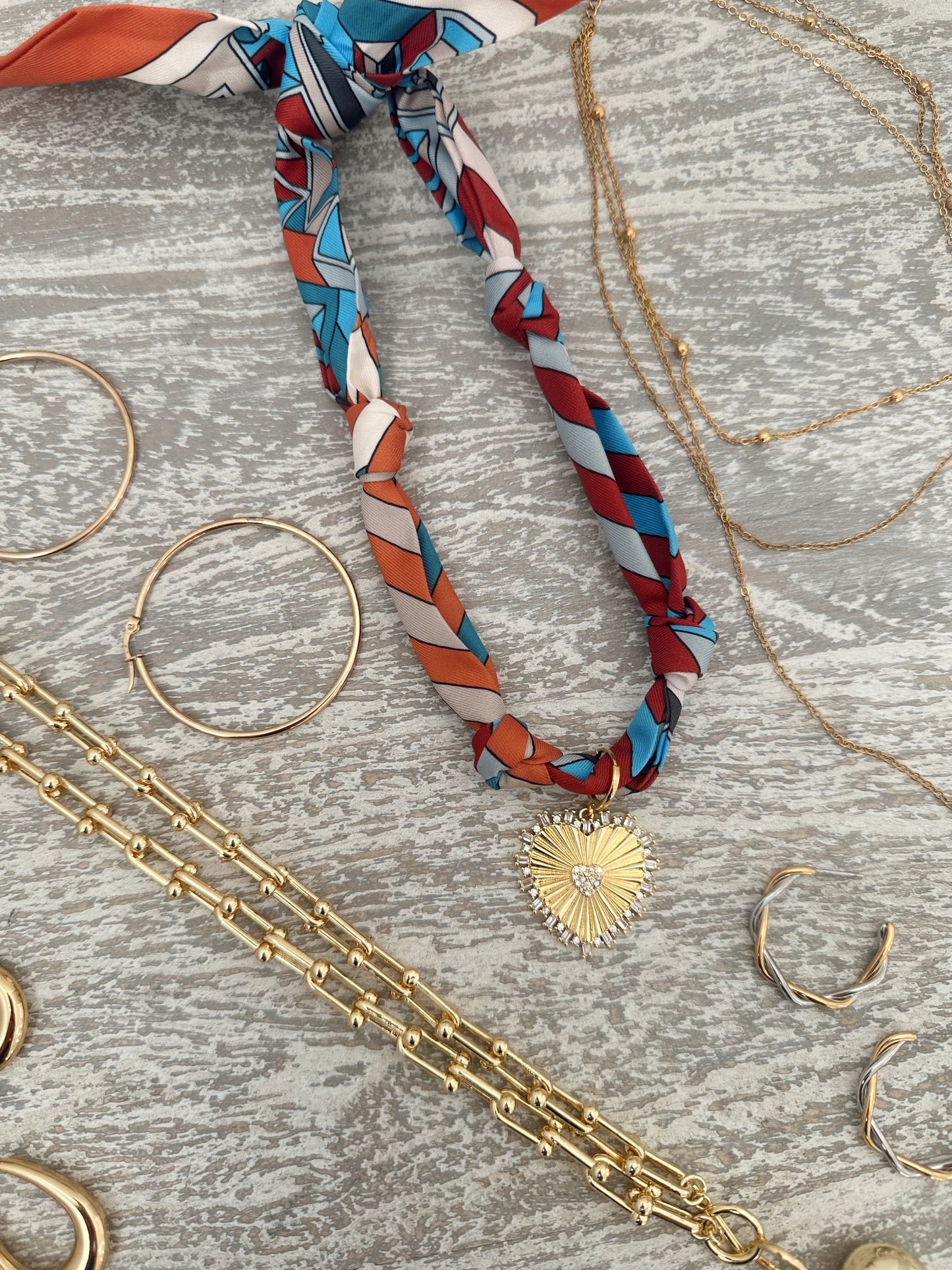 Rust Scarf Necklace-Heart Charm